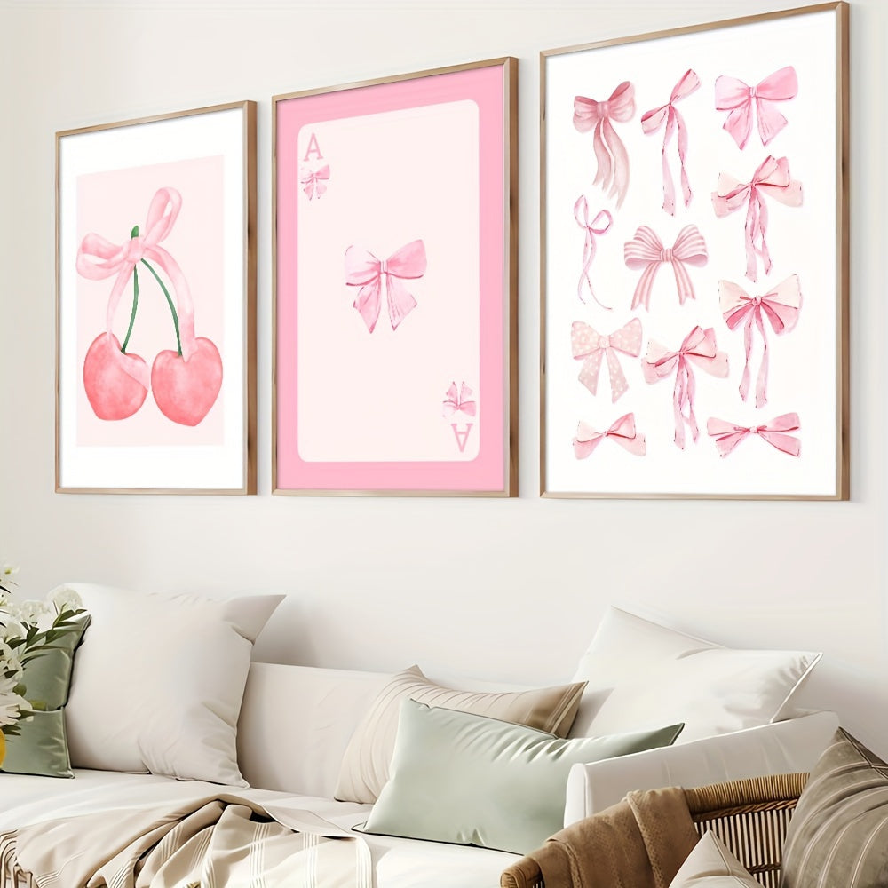 Set of 3 unframed pink cherry bow posters, ideal for home decor in living room, bedroom, girl room, dorm, or college apartment. Great gift idea.