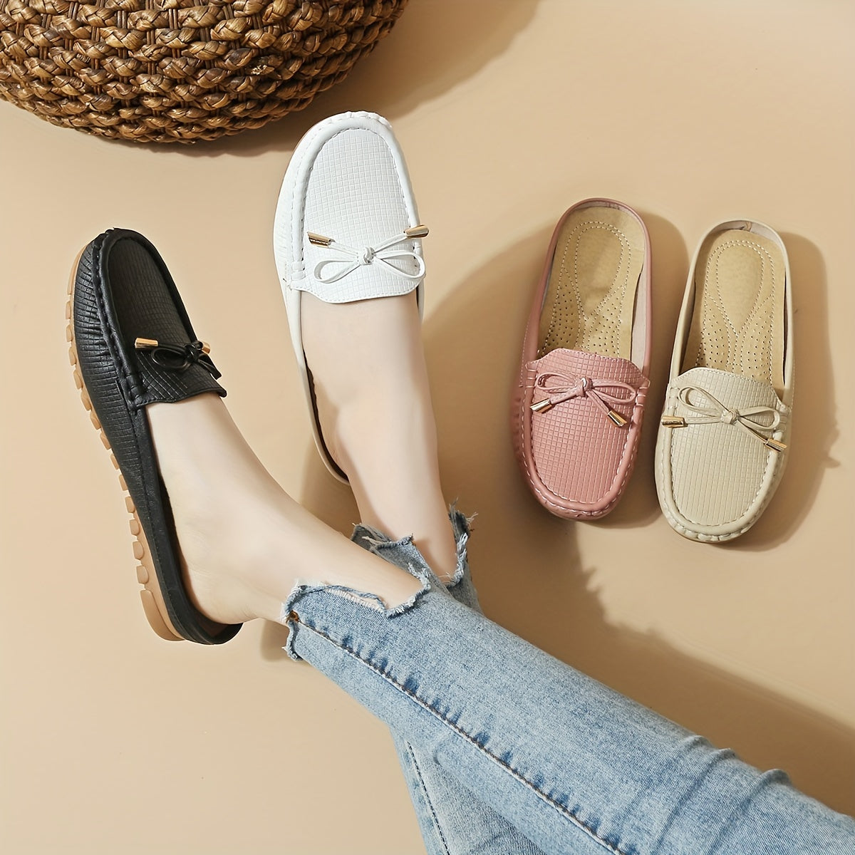 Spring and summer headless half-slippers for women, featuring a hand-sewn bow and slip-on design.