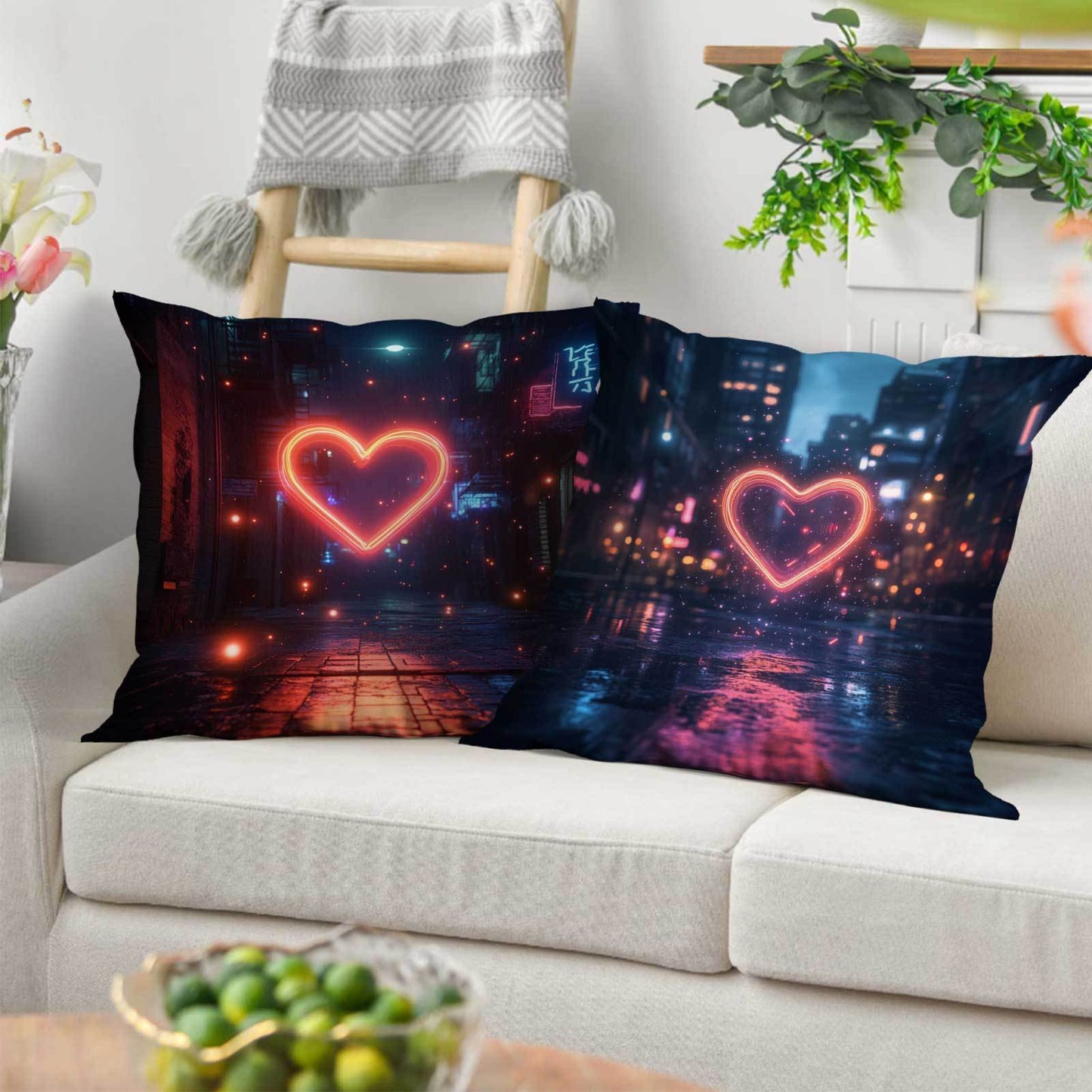 4 Urban Night Scene Heart Cushion Covers in Contemporary Fantasy Style made of Polyester with Zipper Closure. Easy to Machine Wash, providing All-Season Comfort for versatile sleeping positions. Suitable for use in Office, Bedroom, Balcony, Car, Sofa, or