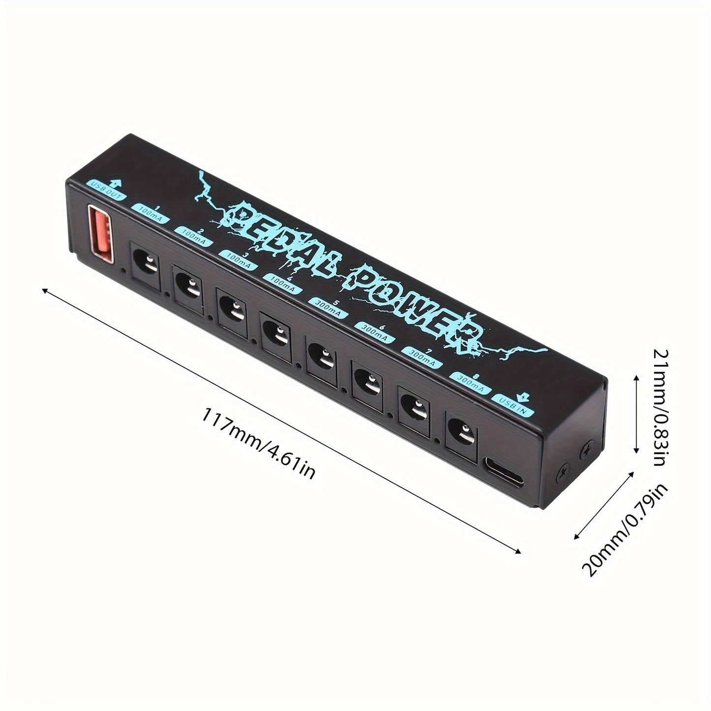 Guitar Pedal Power Supply with 8 isolated 9V DC outputs.