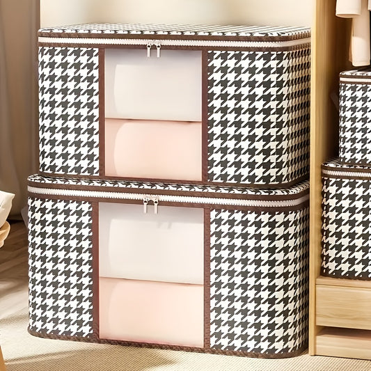 Chic houndstooth linen storage box with dustproof zippered design and clear viewing window for organizing car interior accessories and home items.