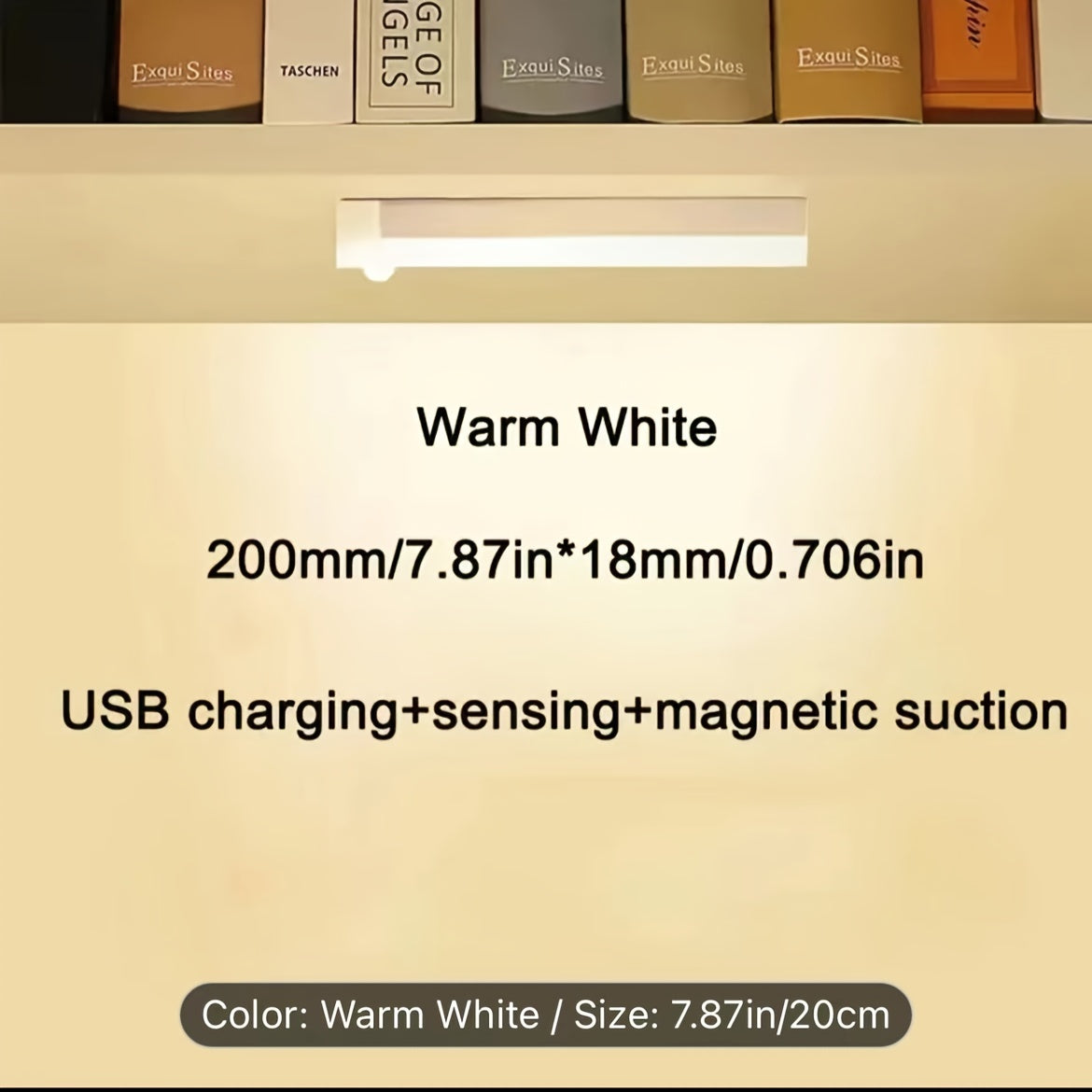 USB rechargeable motion sensor night light with warm and white light options, suitable for under cabinet, kitchen, wardrobe, and more.