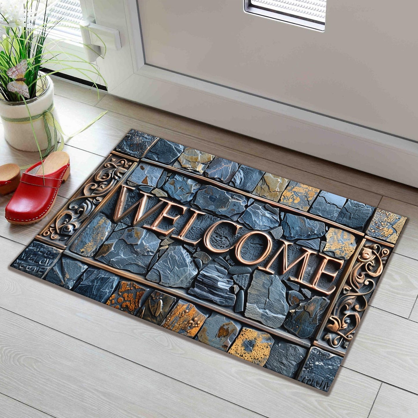 3D Real Stone Pattern Cobblestone Welcome Mat - Durable, Non-Slip & Waterproof, Easy to Clean Polyester Mat for Home Decor, Ideal for Entryway, Living Room, Bathroom, and Outdoor Spaces.