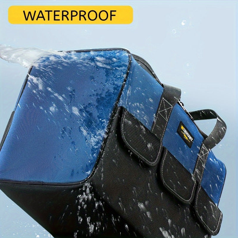 Durable blue tool bag with wide mouth, waterproof and organized for tradesmen.