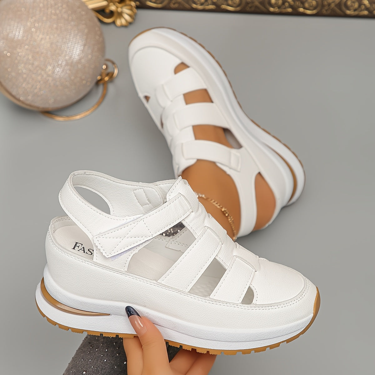 Women's fashion sandals with solid color, round toe, platform heel, hook-and-loop fastener, man-made upper and lining, rubber sole, EVA insole.