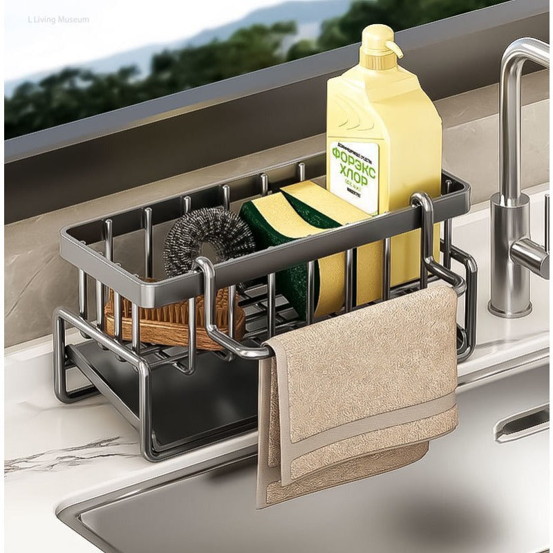 Get organized with our 1pc Multifunctional Plastic Sink Organizer! This handy tool comes with a towel bar and can be used as a kitchen sponge holder, soap dish, rag drainer, and brush storage basket. Made from non-food contact materials, it is ideal for