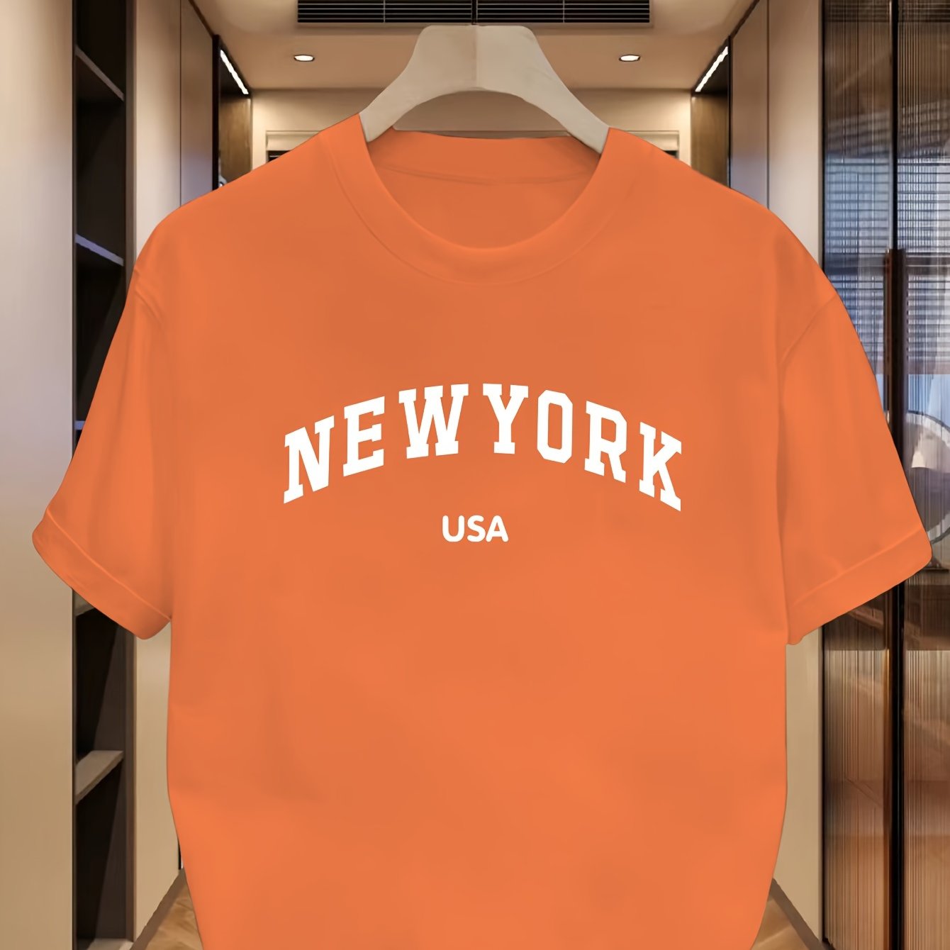 Men's casual crew neck t-shirt with NEW YORK USA print, 95% Polyester 5% Elastane, Slight stretch, Regular fit, Summer wear, 180gsm.