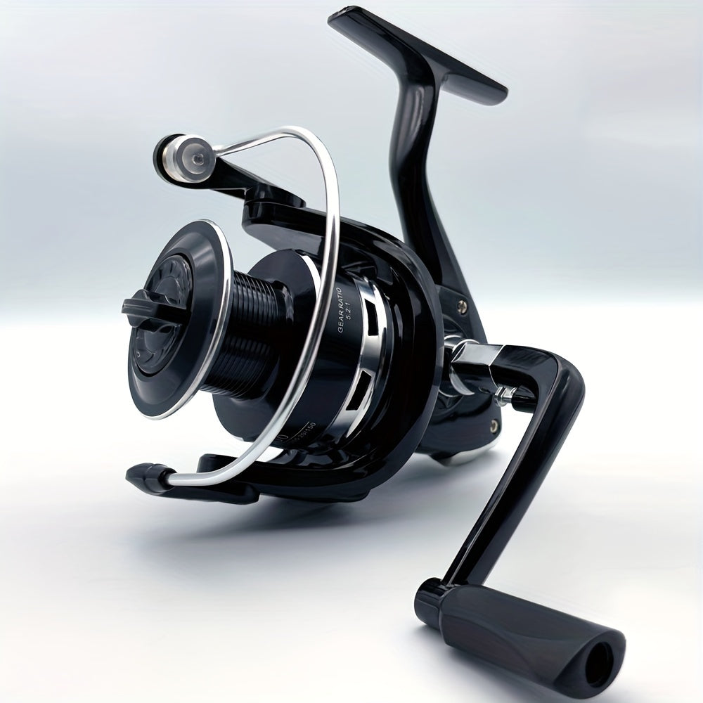 Spinning reel 1000-7000 series with smooth, sensitive performance for freshwater and saltwater fishing. Features include metal cup, folding rocker arm, and 5.2:1 gear ratio.