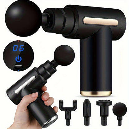 Portable massage gun with LCD display and USB rechargeability, featuring 6 vibration speeds and 4 accessories. Suitable for sports and outdoor use, a great gift idea for the holidays.