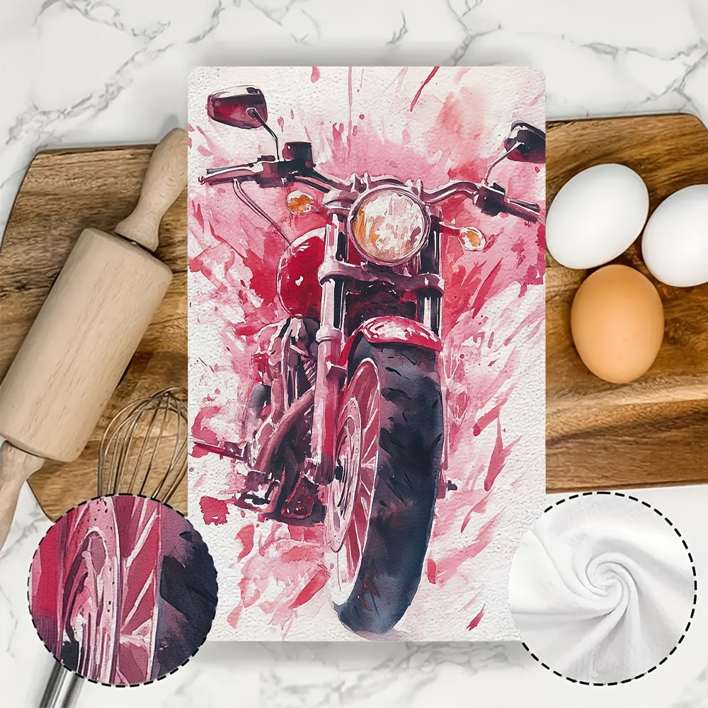 Two pieces of luxurious polyester kitchen towels, sized 40.64x60.96 cm - featuring a vibrant Valentine's Day motorcycle design. These highly absorbent and machine washable dish hand towels are perfect for holiday decor in your kitchen.