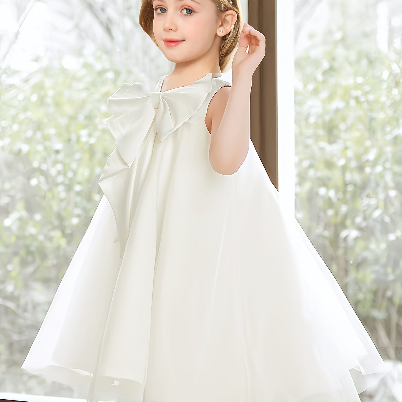 Cute sleeveless girls' gown with large bow, knee-length tulle tutu for parties