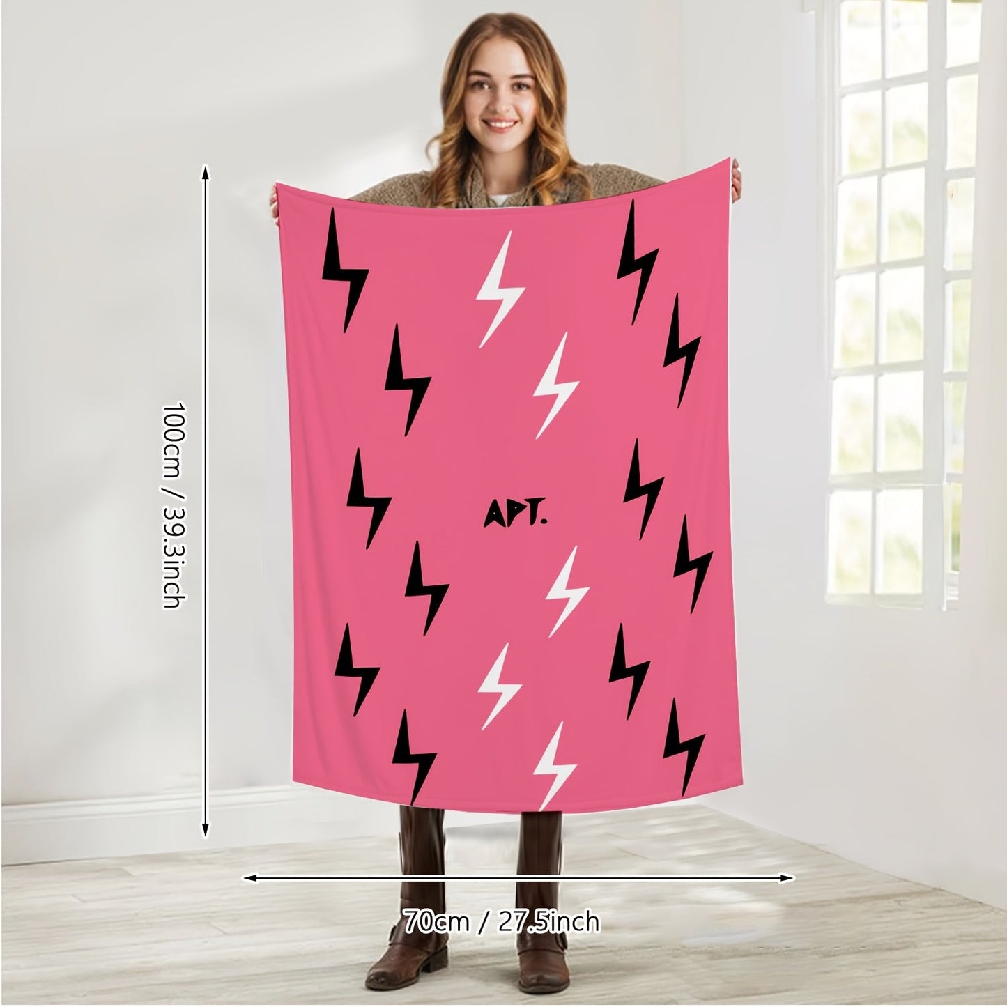 Glamorous Reversible Flannel Fleece Throw Blanket in Music Theme "APT" with Black Lightning Patterns, Ultra Soft and Cozy All-Season Home and Travel Blanket, Easy to Clean in the Machine, Made of 200-250g Polyester.