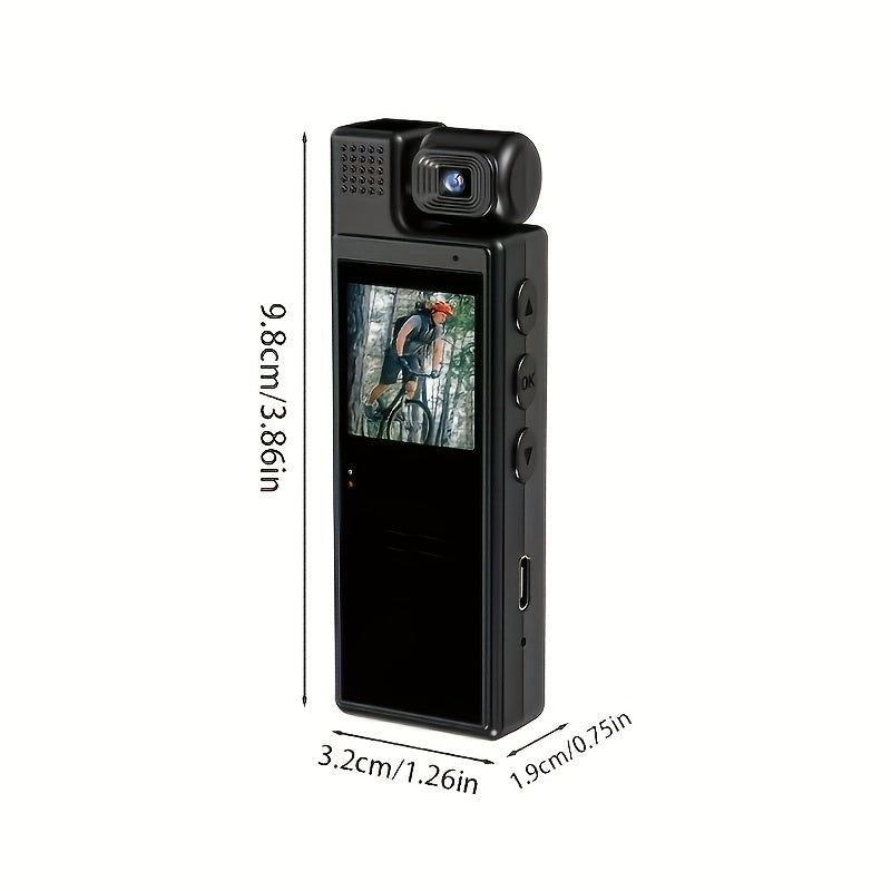 Black Compact Action Camera featuring a 180° Rotating Lens, Extended Battery Life, Motion Detection - Ideal for Sports and Cycling Enthusiasts, Easily Rechargeable via USB.