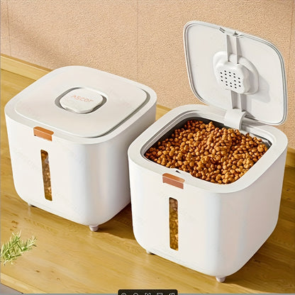 Airtight pet food storage container with flip lid in plastic, comes in 4.99kg and 9.98kg options. Large capacity, rectangle shape for dog and cat dry food. Easy to clean, durable seal keeps