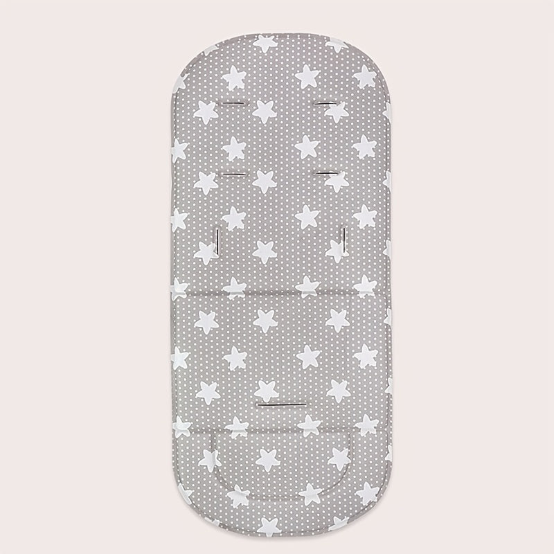 Breathable polyester stroller cushion for infants, fits most models. Supports toddlers aged 0-3 with comfort. Light grey with polka dot/star pattern.