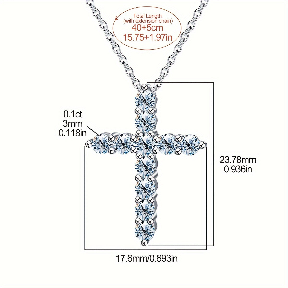 An exquisite Mozambique Diamond Cross Pendant Necklace, featuring a dazzling 1.1 carat diamond and 0.1ct * 11 Mozambique stones. Crafted from high-quality S925 Sterling Silver, this necklace weighs about 1.1 grams, making it a luxurious piece of jewelry