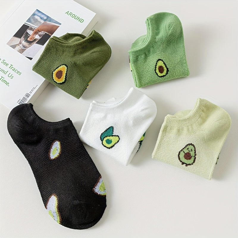 5 pairs of avocado print ankle socks for women, soft and lightweight.