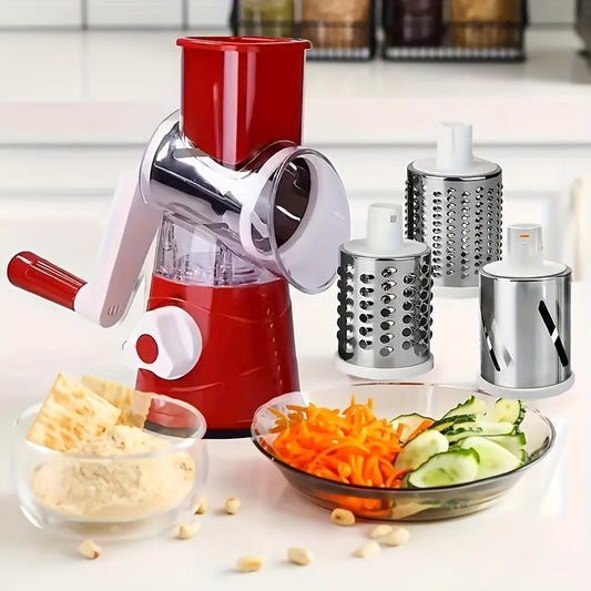 3-in-1 manual food grater set with 3 replaceable blades for cheese, vegetables, and fruit. Large tabletop drum for easy slicing. Rotary grater for easy cleaning and grinding of fruits