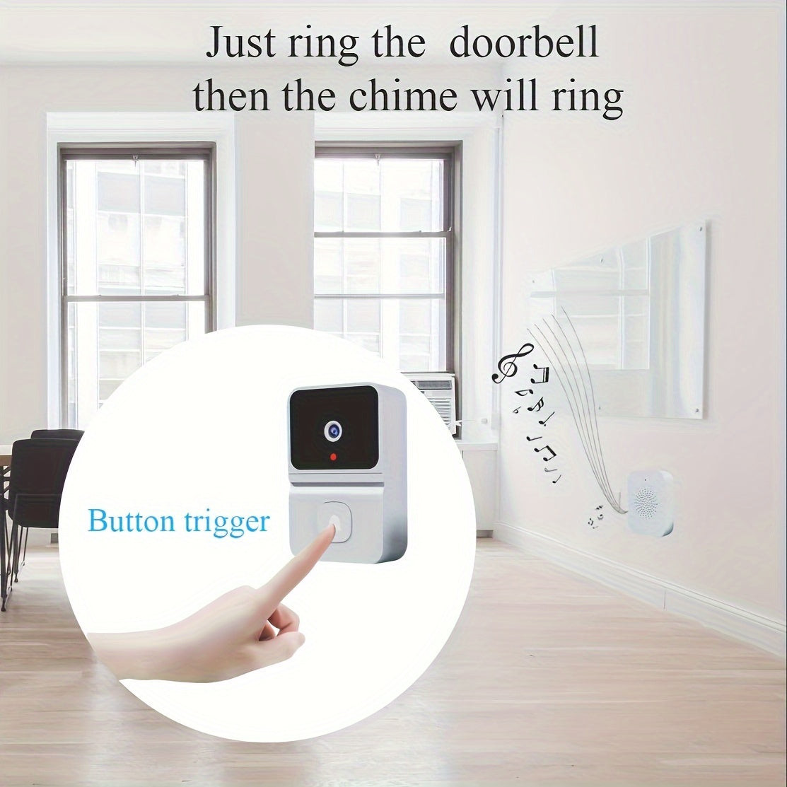 Smart WiFi doorbell with built-in battery featuring 2-way audio, night vision, USB rechargeable, low power consumption, and sleek black design. Supports 2.4G WiFi for easy home surveillance