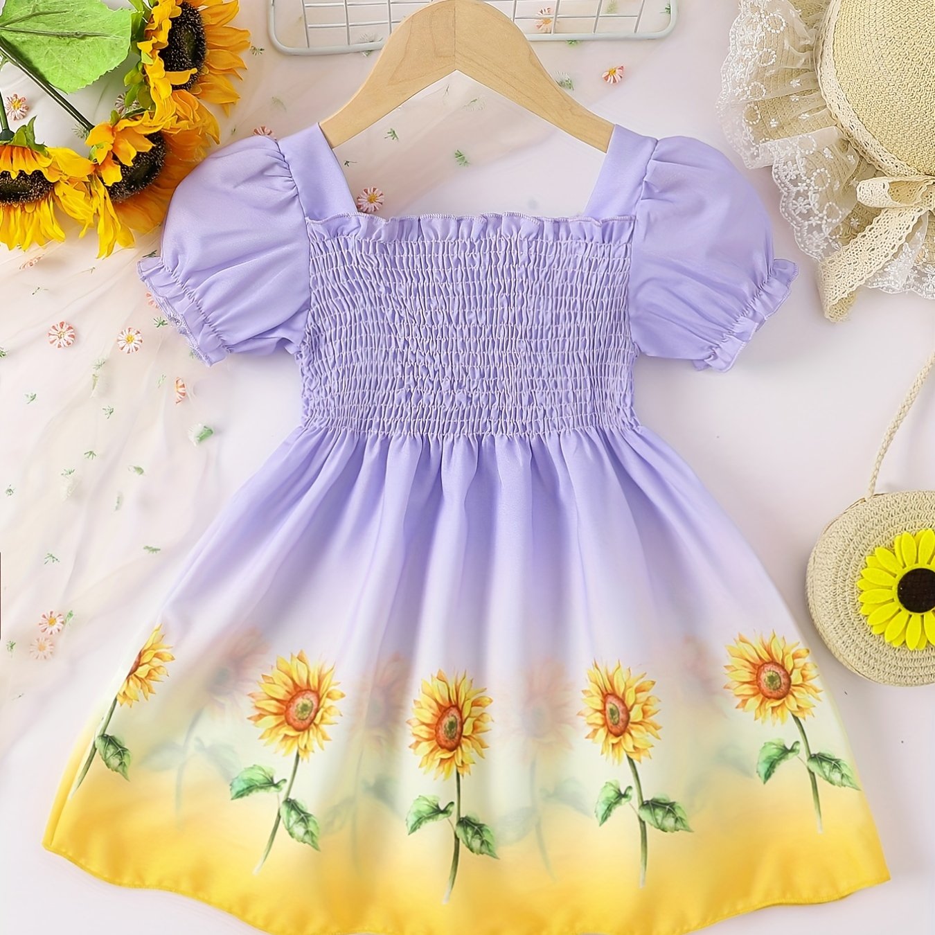 Girls Ombre Sunflower Pattern Princess Dress for Kids Casual Summer 4th Of July.