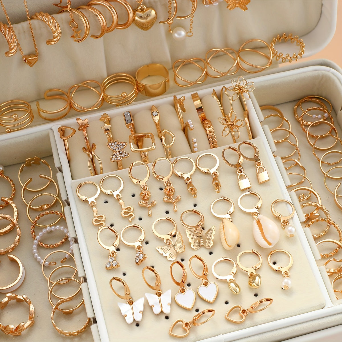 Chic Jewelry Set for Women - 120 pieces including Earrings, Rings & Necklaces featuring Heart, Butterfly, and Geometric Designs. Ideal for Daily Wear, Dates, Vacations, Parties, and Anniversaries. Box not included.