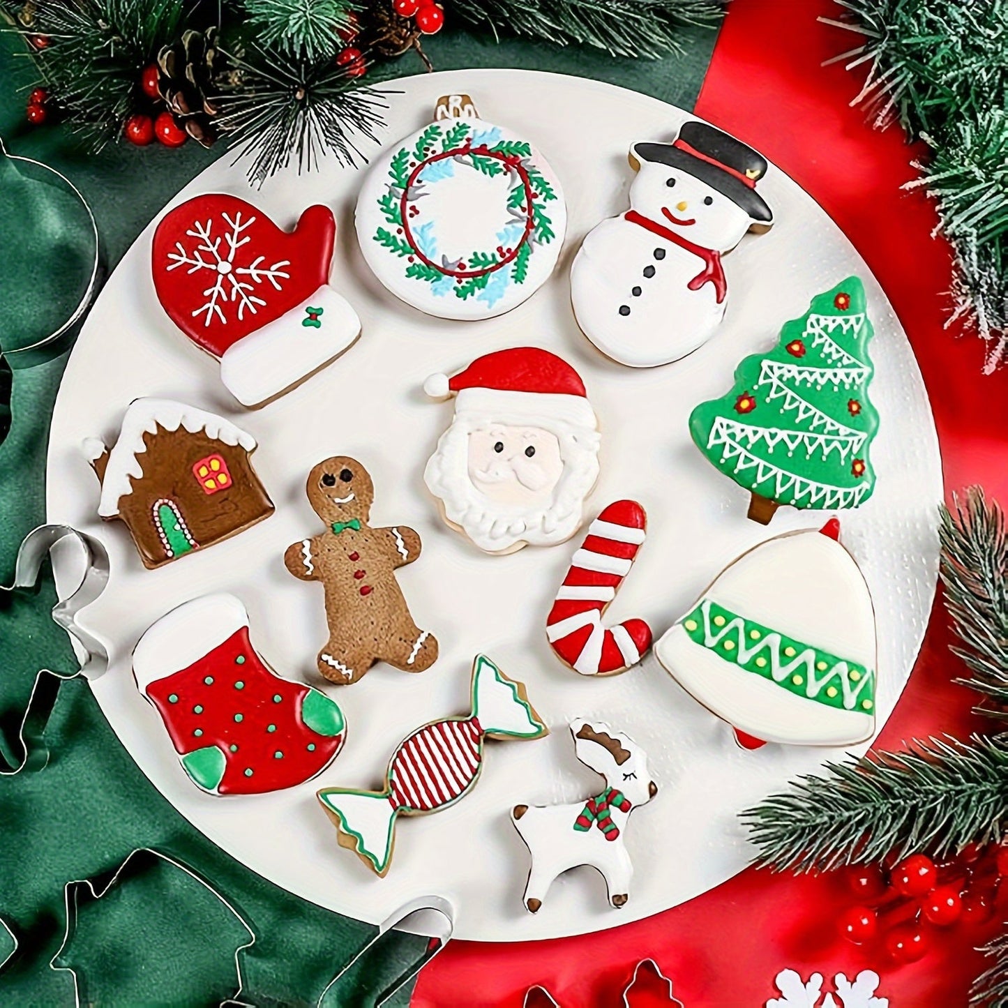 Set of 12 Christmas Cookie Cutters - Stainless Steel with Festive Snowman, Snowflake, Tree, and Santa Designs for Holiday Baking