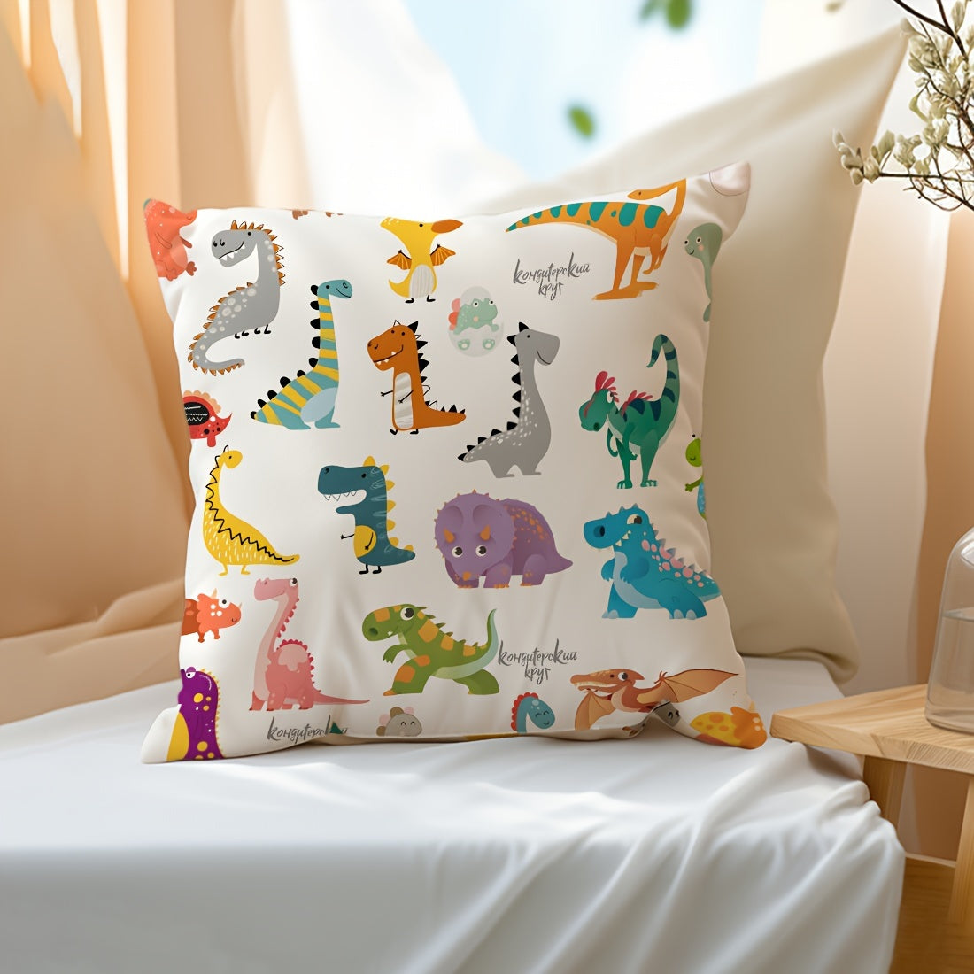 Peach Skin Velvet Pillow Cover 45x45cm with Adorable Dinosaur Illustration - Zippered Single-Sided Print Cushion Case for Car, Living Room Sofa, Bedroom - Machine Washable and Perfect for Dinosaur Room Decor - Made of Polyester