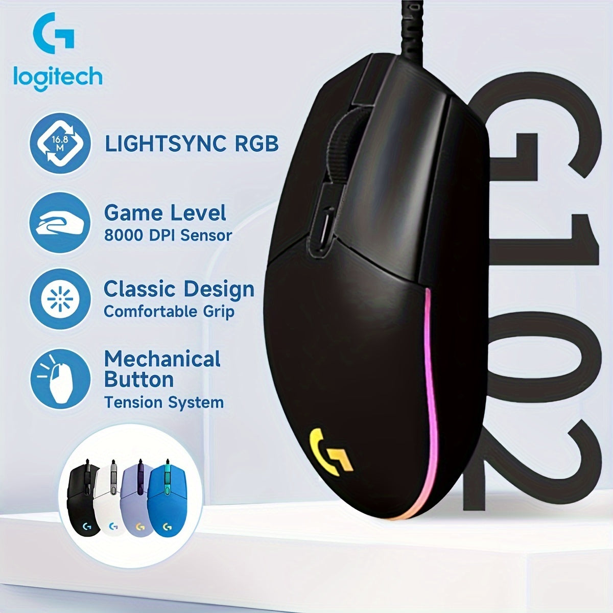 Logitech G102 Wired Gaming Mouse with RGB Lighting, 8000 DPI, Lightweight, Mechanical Button, Comfortable Grip, Optical Sensor, Corded USB for PC Laptop Gamer, Windows 8 Compatible, Right