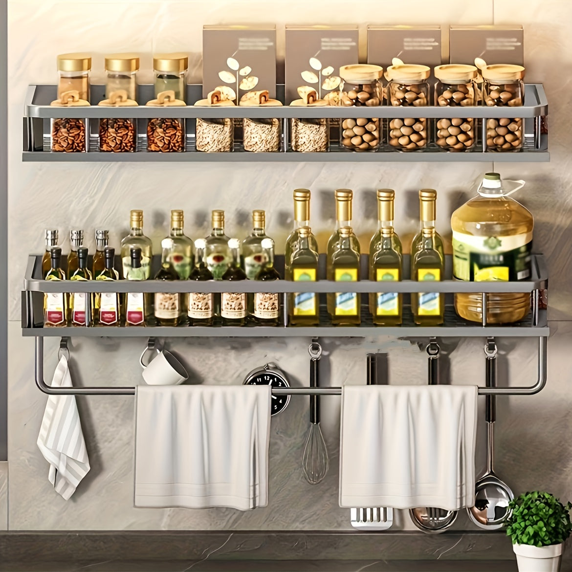 A sleek Aluminum Spice Rack featuring a polished finish, simple wall-mount installation, and versatile design for organizing your kitchen and bathroom essentials. Effortlessly store spices and other cookware with this space-saving, punch-free storage