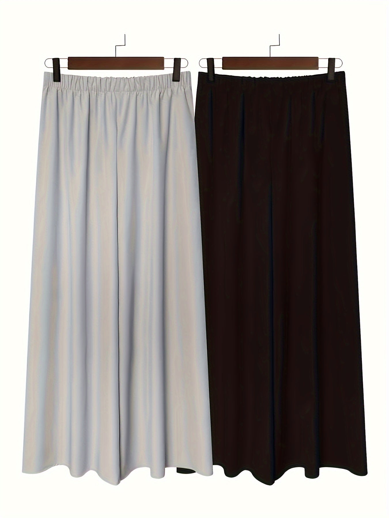 Two high-waisted wide-leg pants for women in solid color polyester, non-stretch fabric. Comfortable loose fit with pockets for daily wear in all seasons.