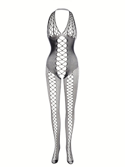 Set of 4 sexy fishnet bodystockings with open crotch and jacquard design for women's lingerie.