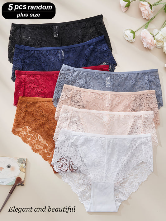 Pack of 5 lace underwear for plus size women, with elegant floral pattern and stretchy nylon material. Mid-rise tri-style panties in assorted colors and random sizes.