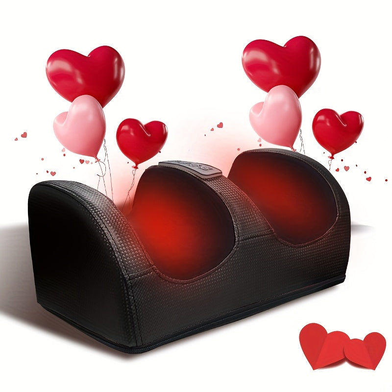 Plugpowered heated foot massager with black textured design and red heart-shaped balloons, ideal gift for Father's Day or Mother's Day for improved circulation and relaxation.