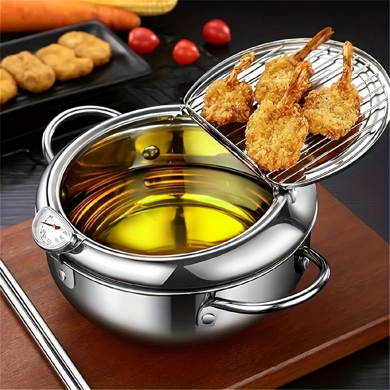 Top Pick: Stainless Steel Deep Fryer Pan with Thermometer - 7.9" Japanese Tempura Cooking Pot for French Fries, Shrimp & Chicken Wings - Compatible with Induction Cooktops, 20cm, Includes Oil Rack and Fish Basket