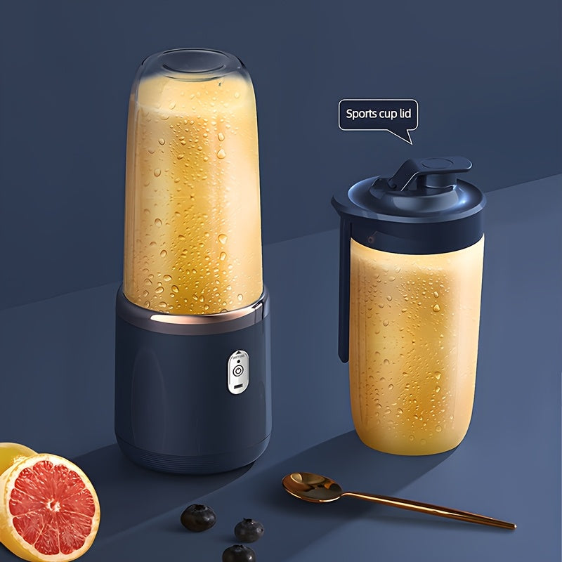 Portable USB rechargeable blender with 6-blade system, detachable food-grade ABS cup, push-button control, and long-lasting 1500mAh lithium battery - perfect for smoothies, shakes, and children's meals. Travel-friendly design includes a lid and is