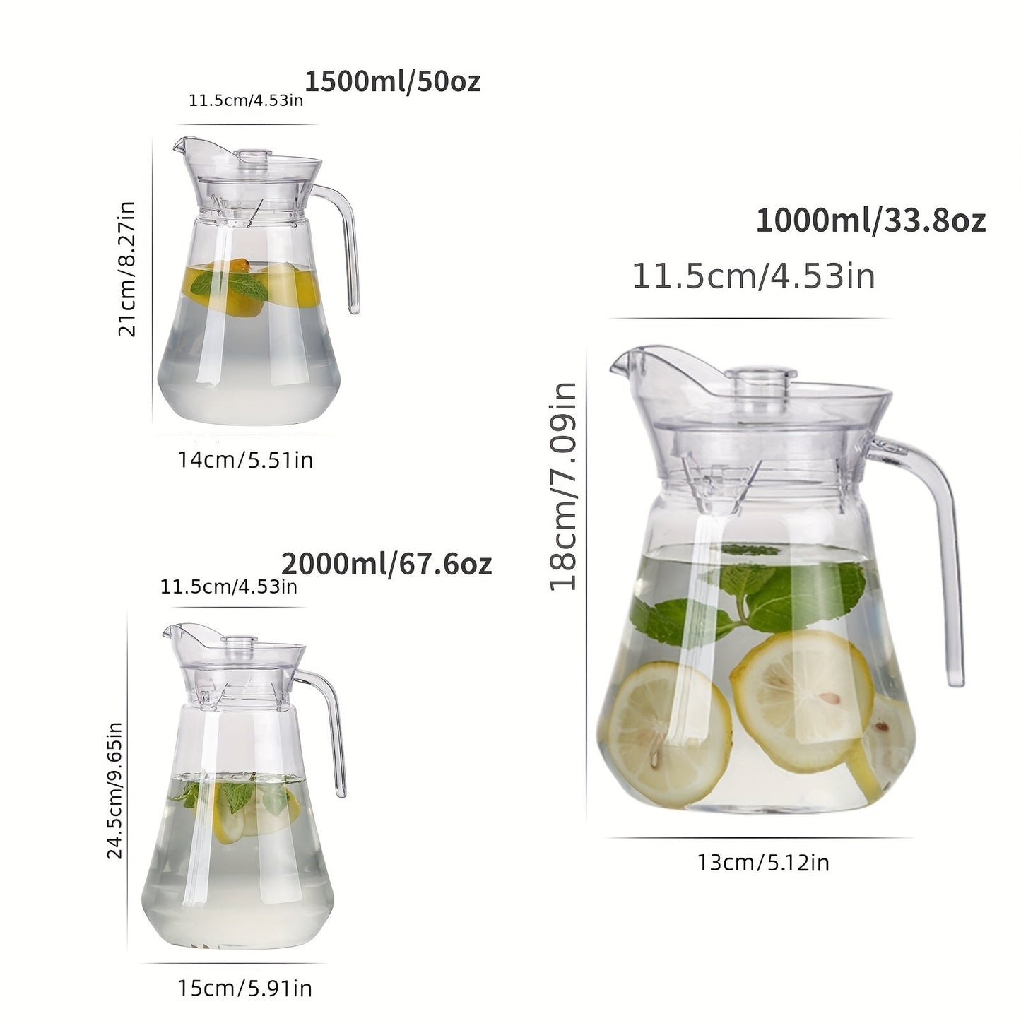 1 or 2 pieces of plastic pitcher with a lid, made of heat-resistant plastic for easy cleaning. This pitcher comes with a handle, suitable for both hot and cold beverages such as water, cold brew, iced tea, and juice. It can be used as a living room