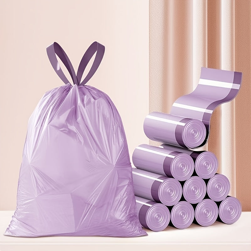 30-Pack of Extra Thick Purple Drawstring Trash Bags made of Disposable Plastic for use in the Kitchen, Bathroom, Bedroom, Dorm, RV, and Home. These Hand Carry Waste Bags are perfect for the Living Room, Toilet, and Car.