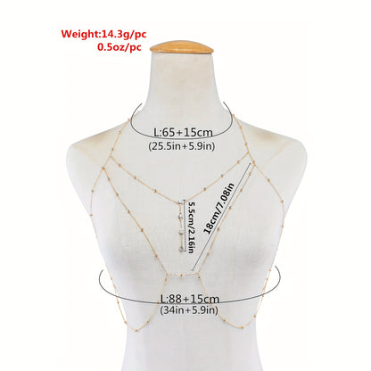 Golden-tone beaded body chain necklace with rhinestone detailing, perfect for parties and dates, versatile for all seasons.