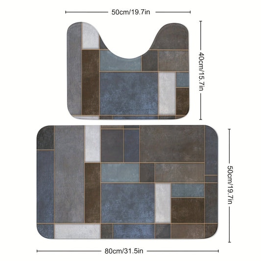 Set of 2 bathroom rugs made from thickened 600g high resilience foam, featuring patchwork style patterns. These non-slip mats are made from absorbent microfiber and are machine washable. Set also includes bathtub mats and U-shaped toilet mats. Makes a