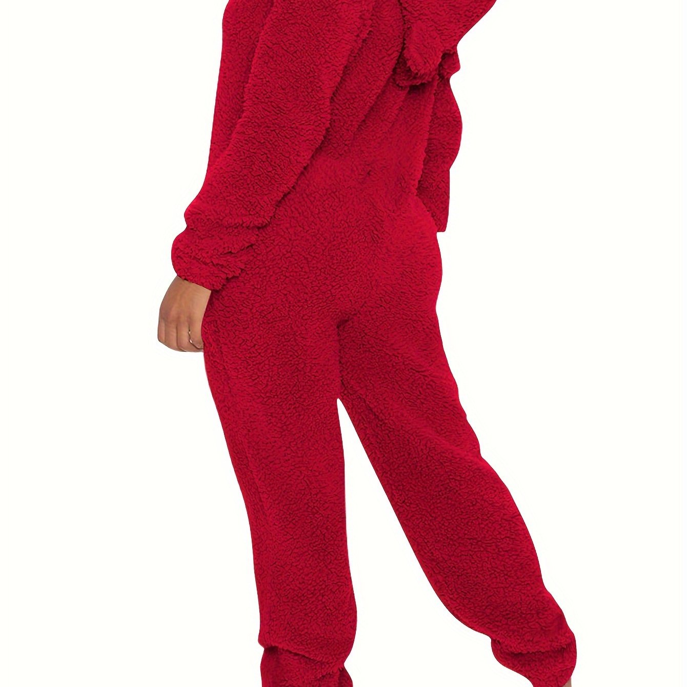 Fuzzy hooded pajama jumpsuit for music festival, comfy and cute lingerie and sleepwear.