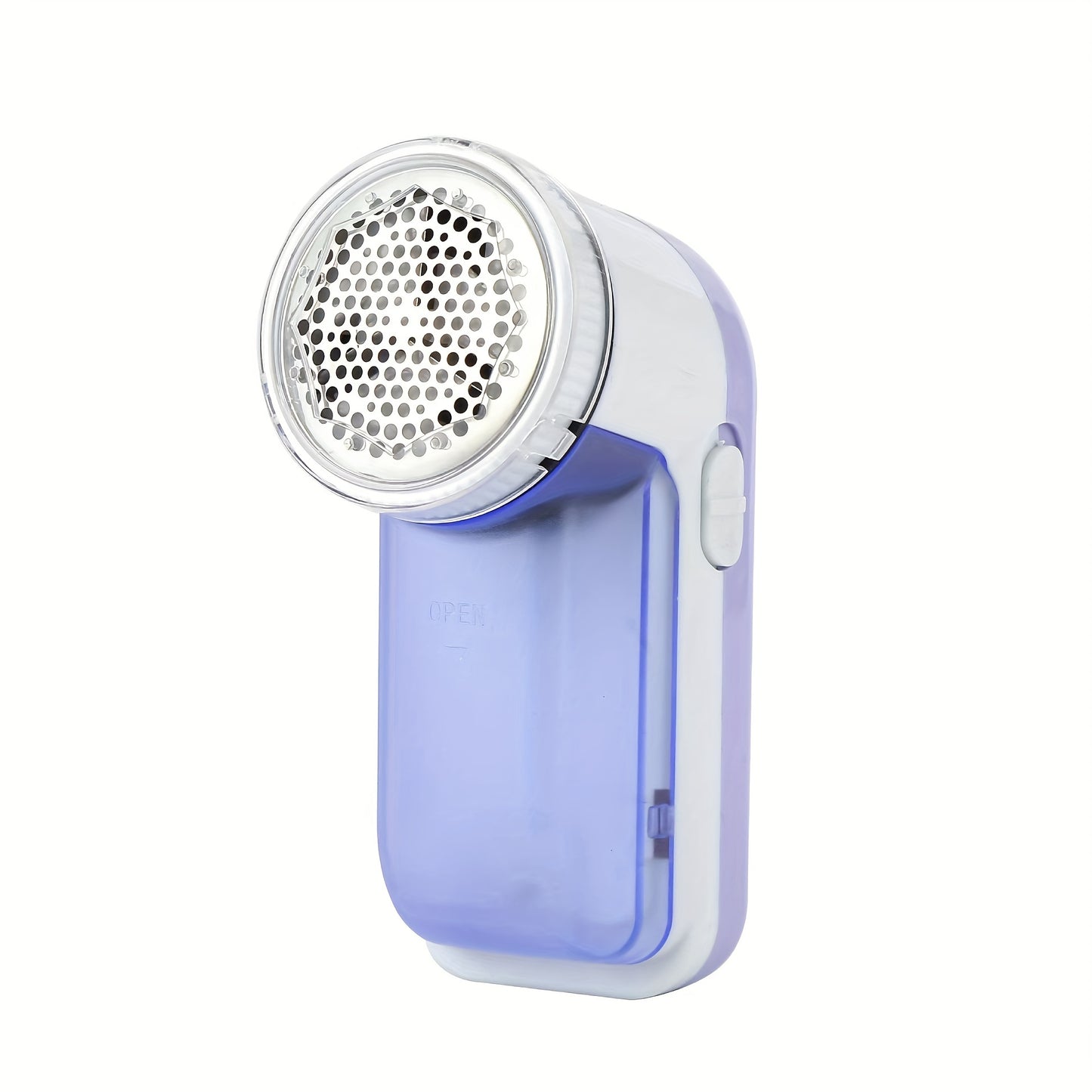 Fabric shaver, also known as electric lint remover, for removing lint, fuzz, and pilling from clothes, bedding, furniture, and carpet. Battery-operated and portable.