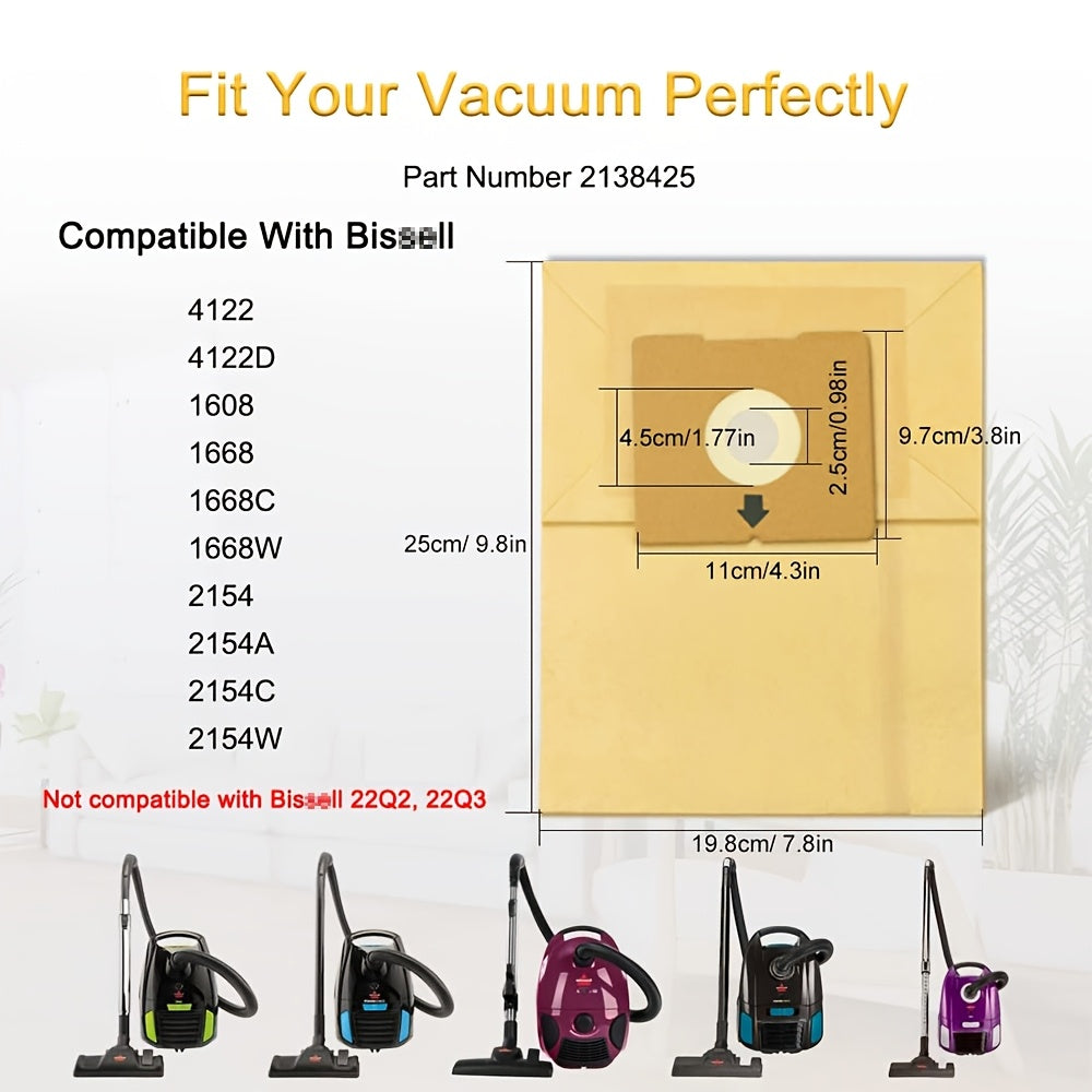 Get 10 premium PC vacuum bags that work with Bissell models 4122, 2154A, 2154W, 2154, 4122D, 1668, 1668C, 1668W, 1608, and 2154C. These bags are highly efficient and durable, perfect for Zing Bagged & PowerForce Canister Vacuums. Part #2138425 ensures