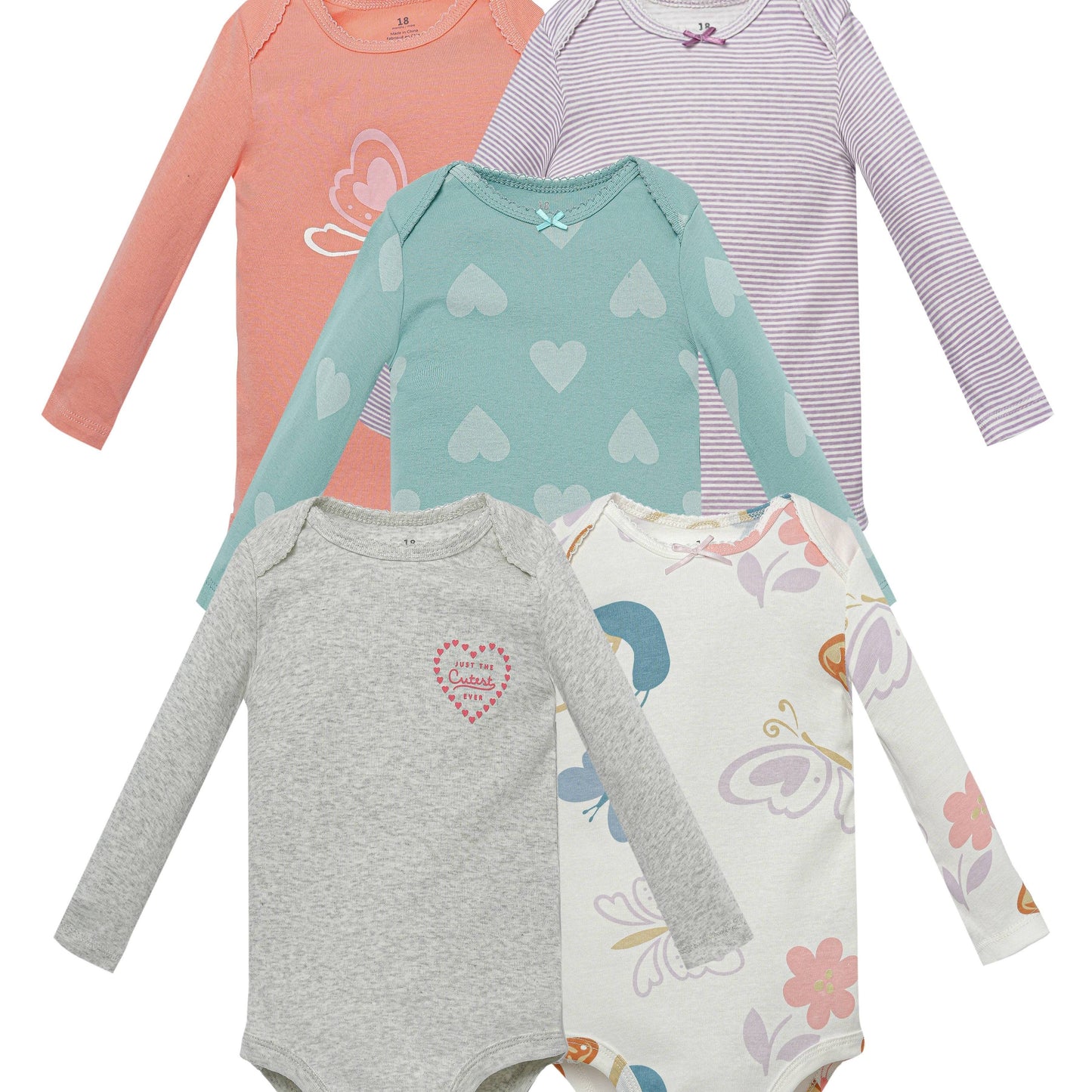 5 baby triangle bodysuits with cartoon pattern.