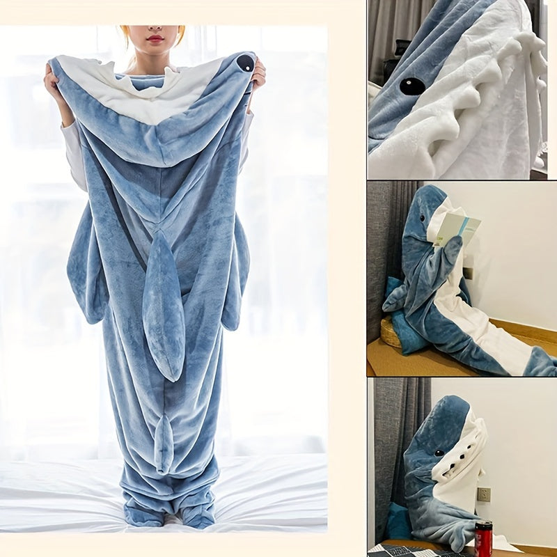 Shark Blanket Hooded Jumpsuit Pajama, made of Super Soft Flannel for Ultimate Comfort at Home