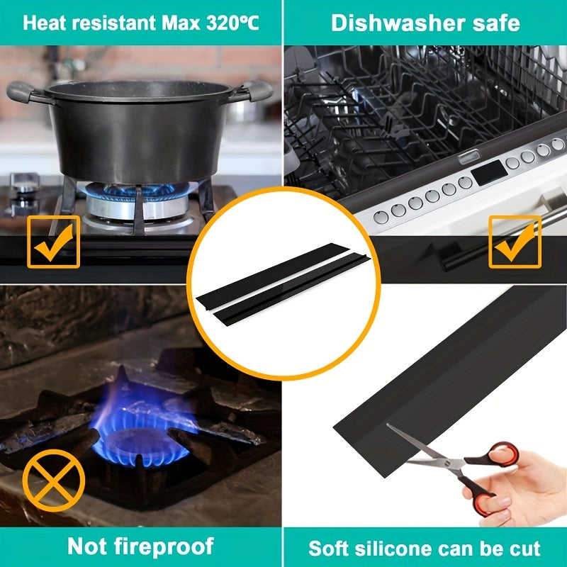 Two pieces of silicone stove gap covers that are heat resistant and easy to clean. Suitable for spaces measuring 53.34/63.5/76.2cm, these covers can be used on kitchen counters and stovetops to guard against spills. Available in black, white, and