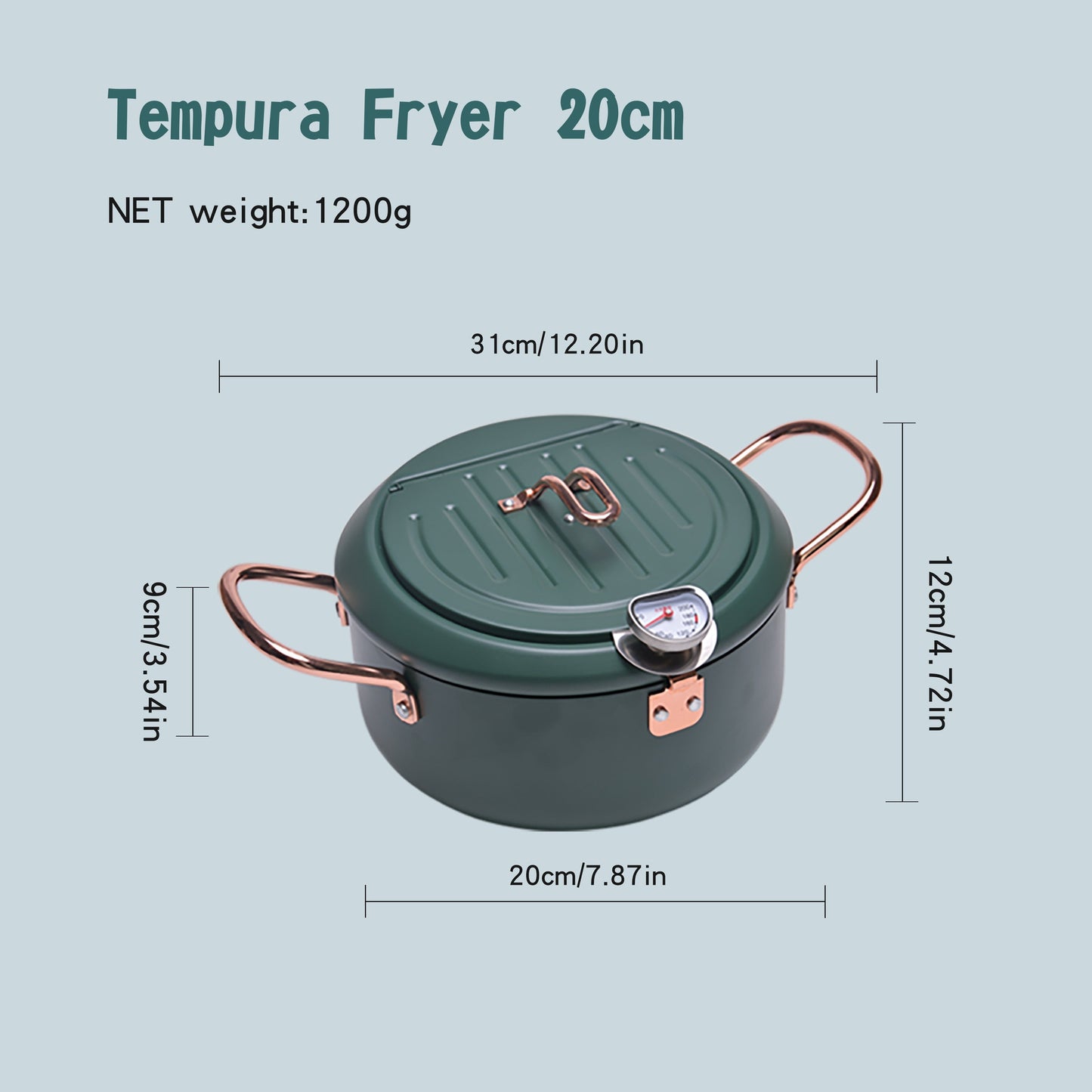 A stainless steel household deep fryer with tempura capabilities, featuring oil splash prevention, visible oil temperature gauge, easy cleaning, and compatibility with both gas stoves and induction cookers.