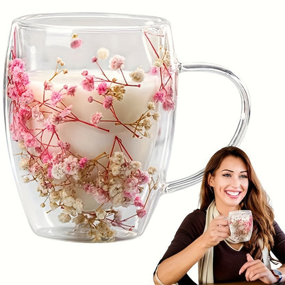 11.830z Double-walled Glass Coffee Cup with Dried Flowers, Insulation, Reusable for Espresso, Iced Coffee, Juice - Hand Wash Only - 2-4-6pcs