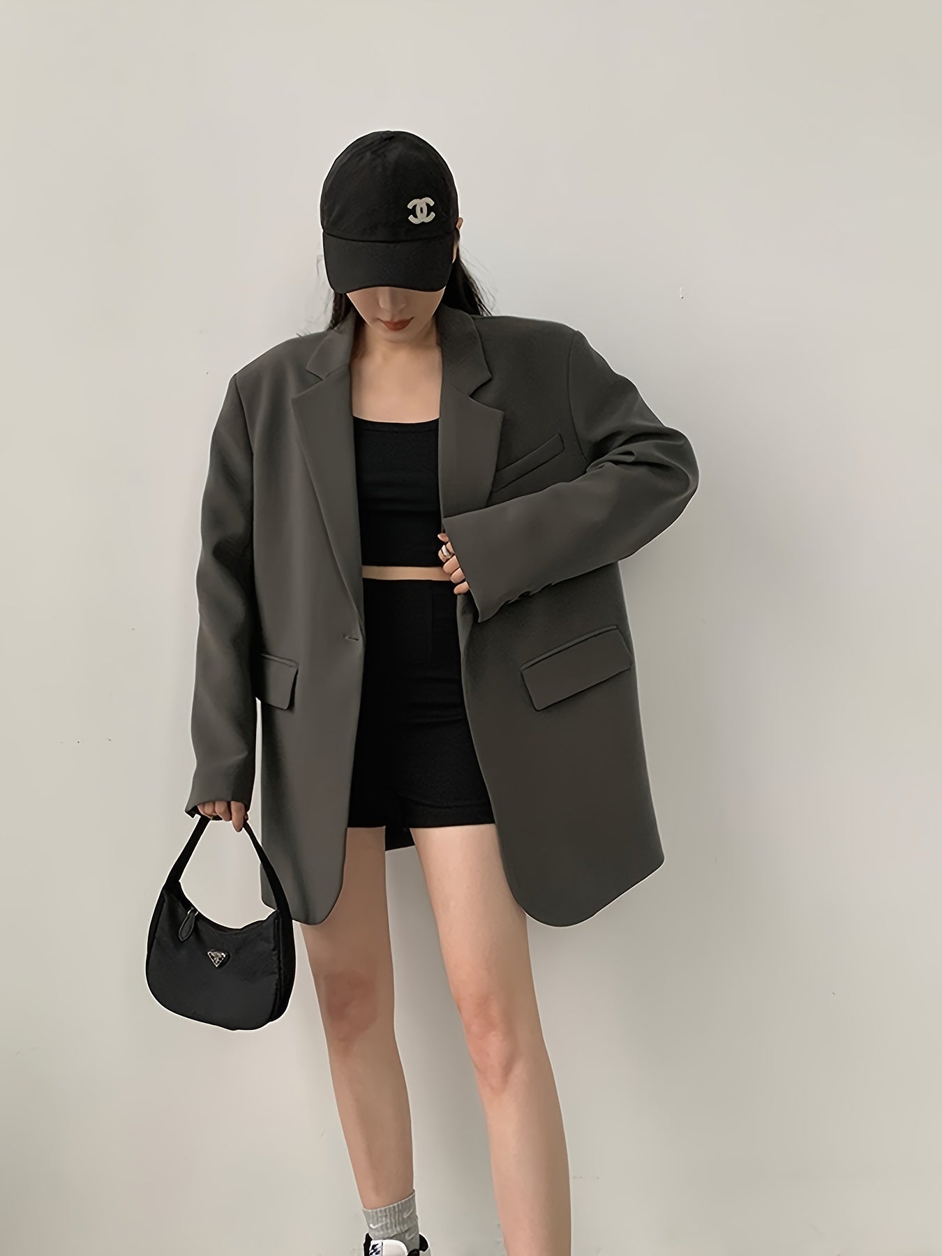 2024 Spring/Autumn Women's Grey Blazer Jacket with Commuter Style, Solid Color, Regular Sleeve, Long Sleeve, Polyester Fabric, Button Closure, Casual Streetwear for Petite Figures