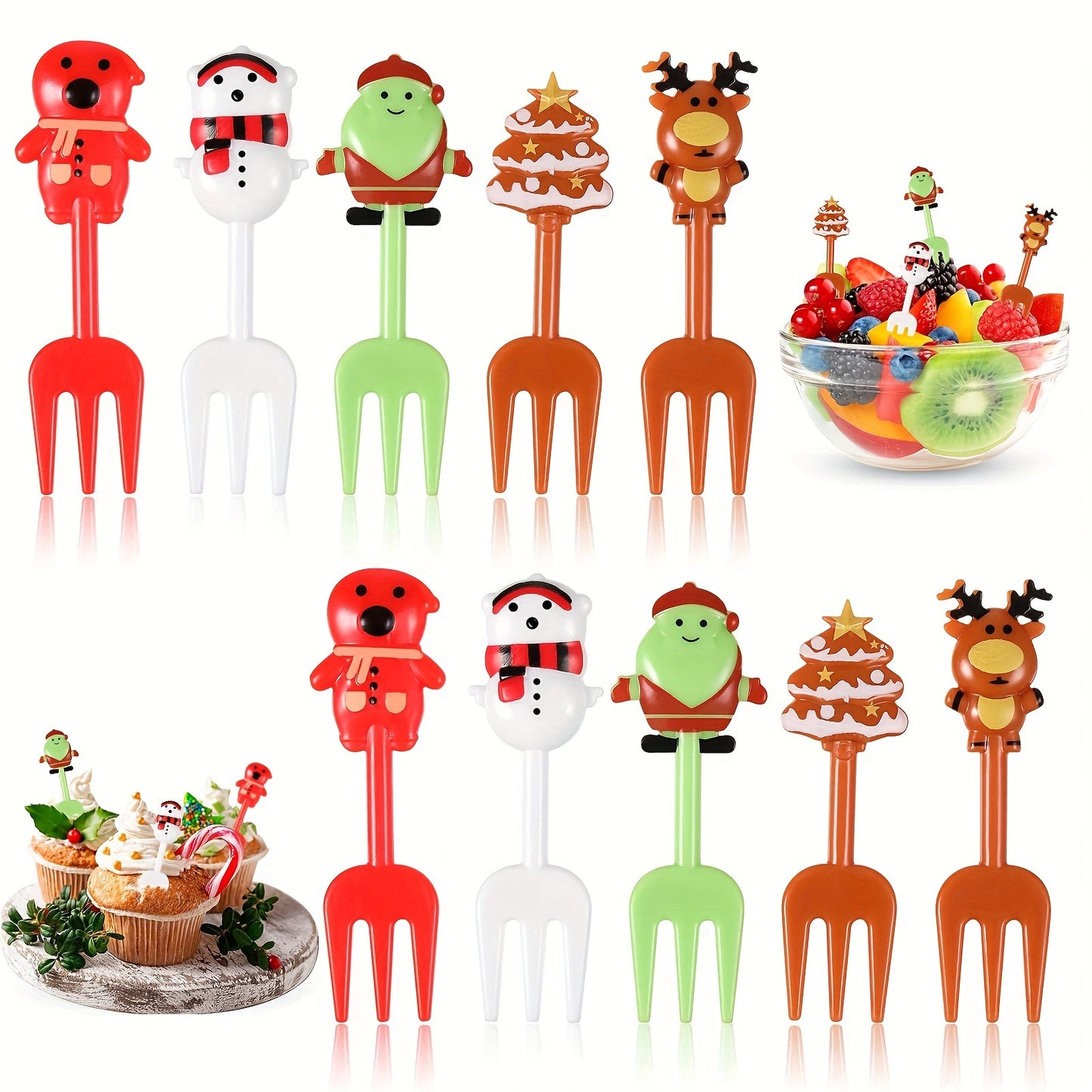 10-piece Christmas cartoon fruit fork set featuring creative animal designs for bento lunch box decor, holiday parties, and home decoration.