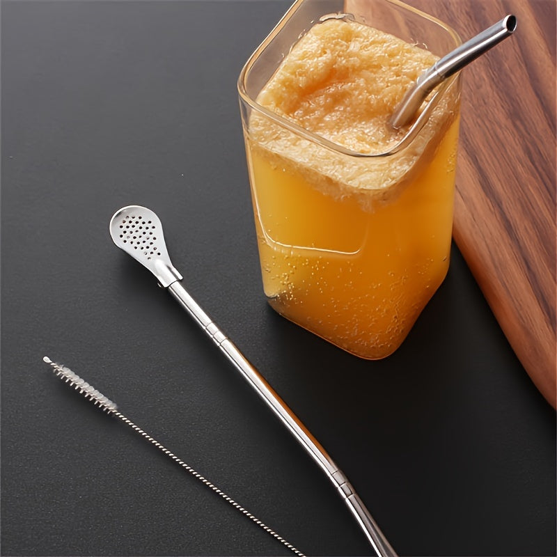 A set of three stainless steel utensils: a straw spoon, stirring spoon, and detachable cleaning straw. Also includes a juice milk tea filter straw, straw brush, and other drinking utensil accessories. Perfect for kitchen use.